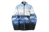 Vintage Dolphins Fleece Full Zip Large blue white 90s retro winter animal sea pattern sweater