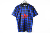 Vintage Adidas T-Shirt Medium big logo blue plaid pattern 90s polyester tee
