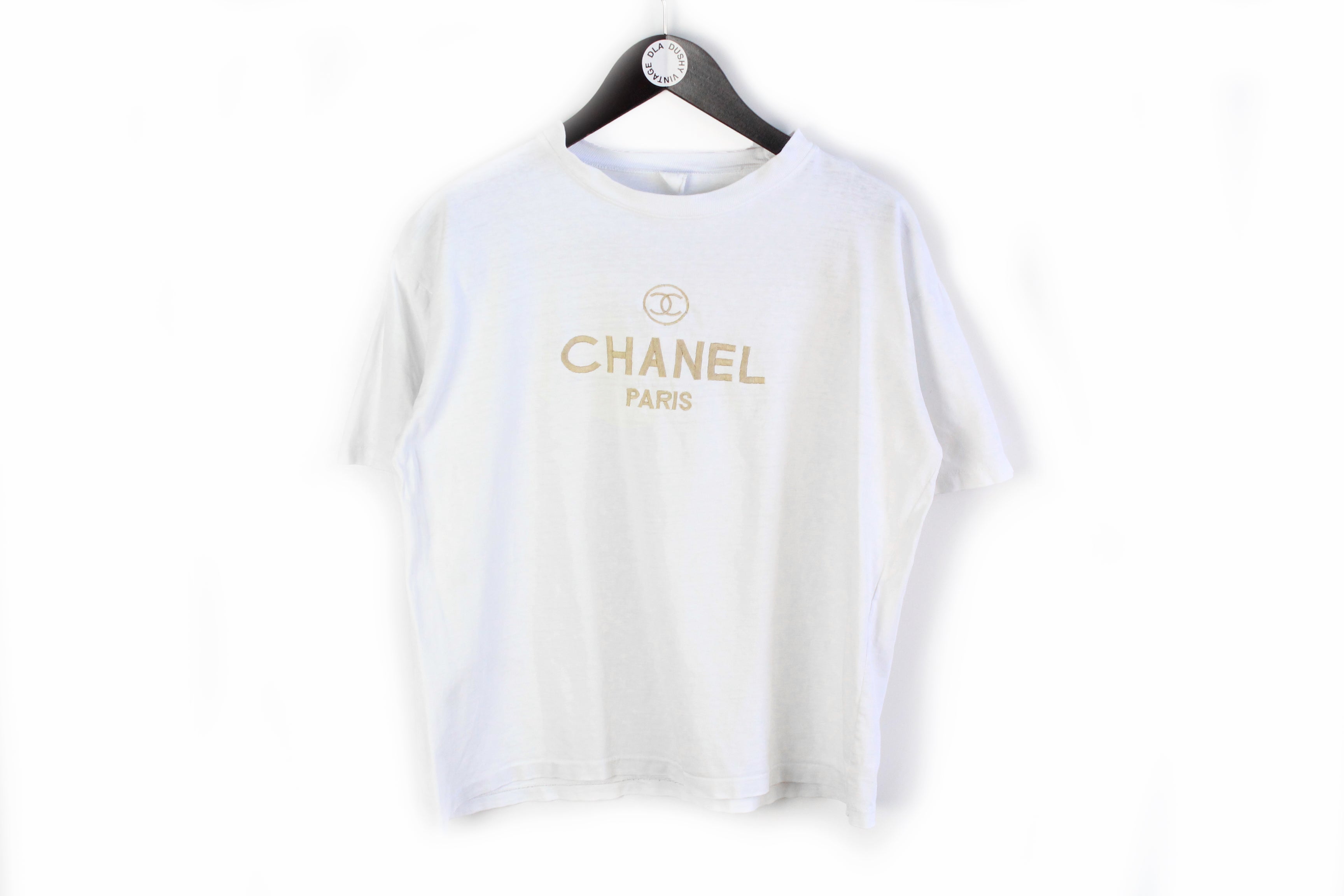 Vintage Chanel Bootleg Big Embroidery Logo T-Shirt Small dla