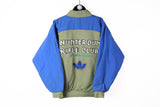 Vintage Adidas Hunter Dun Rifle Club Bomber Jacket Snap Buttons Small Region Map olive green blue big logo 1980s sport coat