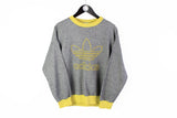 Vintage Adidas Tracksuit (Sweatshirt + Pants) Small gray 90's sport style crewneck big logo yellow classic style