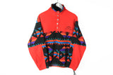 Vintage Fleece Snap Buttons Small red multicolor 90s sport style winter ski sweater