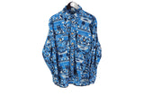 Vintage Mammut Fleece Shirt Small blue abstract pattern 90's button up outdoor outfit