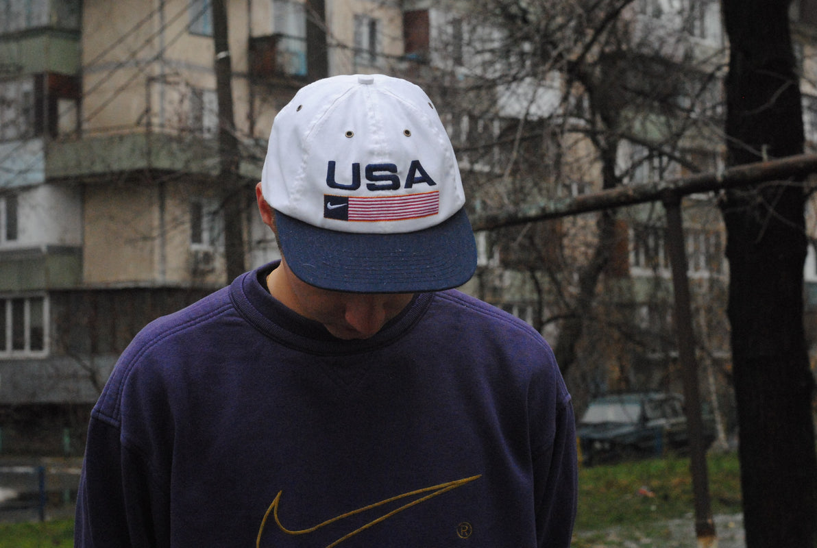 vintage nike purple big gold swoosh logo sweatshirt 90's USA cap