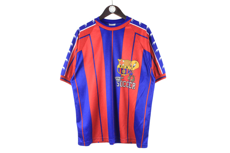 Vintage Warner Bros 1998 Barcelona FC Jersey T-Shirt XLarge red blue big logo soccer 90s retro football shirt Tweety Warner Bros Looney Tunes