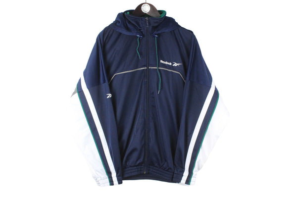 Vintage Reebok Track Jacket Large blue big logo 90s retro sport style hooded windbreaker jacket