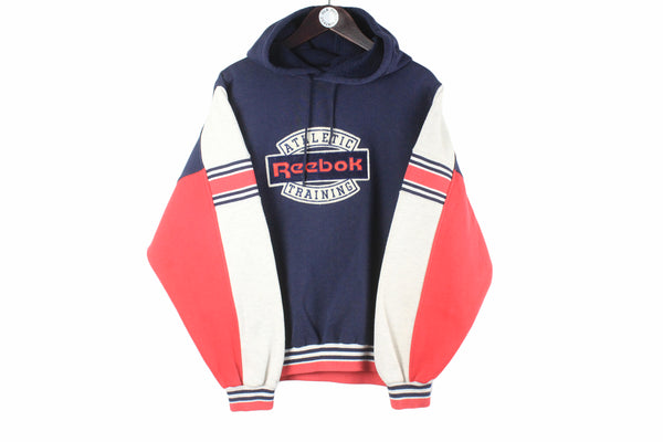 Vintage Reebok Hoodie Medium navy blue big logo red 90s retro hooded jumper sport style sweatshirt