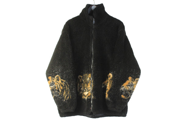 Vintage Tiger Fleece Medium / Large heavy sweater animal pattern nature wild print 90s retro winter heavy sweater jacket