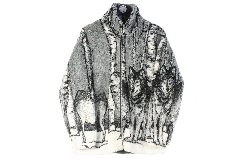 Vintage Wolf Fleece Full Zip Small wild pattern abstract sweater animal print gray big logo  90s