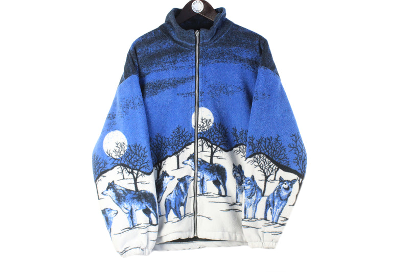 Vintage Wolf Fleece Full Zip Medium / Large blue white 90s retro animal pattern authentic wild print nature sweater jacket 