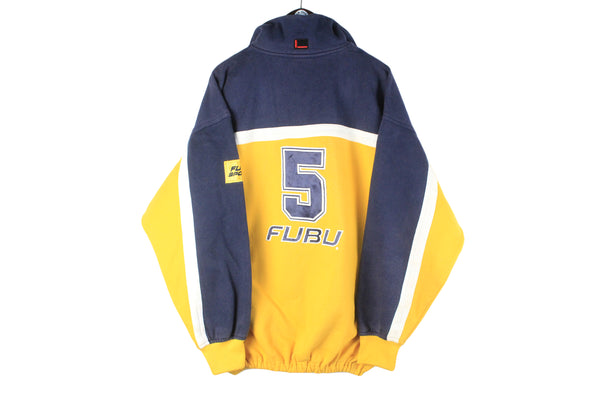 Vintage Fubu Sweatshirt 1/4 Zip XLarge yellow blue 90s retro hip hop sport jumper authentic big logo 