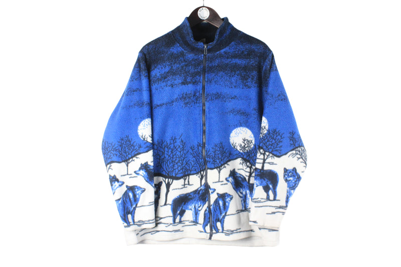 Vintage Wolf Fleece Full Zip Women’s XLarge blue white 90s retro animal wild nature print pattern