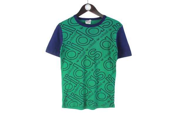 Vintage Adidas T-Shirt Small green monogram big logo 90s 80s retro sport style top