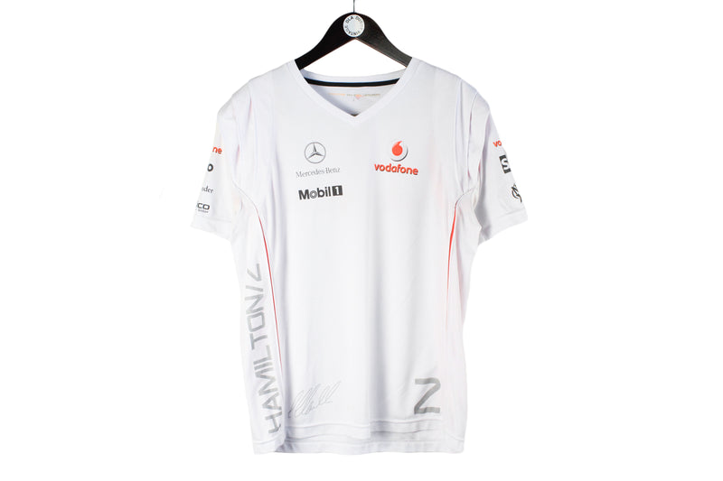 Vintage Mercedes F1 Team Lewis Hamilton T-Shirt Large white big logo Vodafone 00s racing Formula 1 shirt