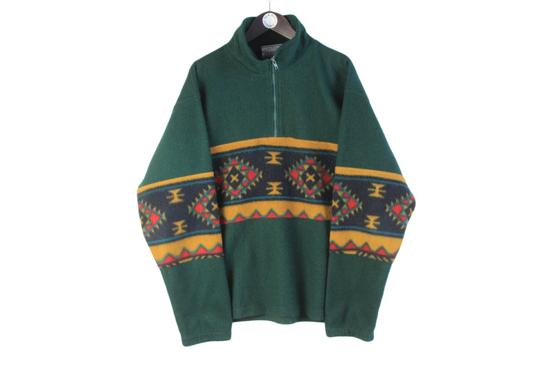 Vintage Fleece 1/4 Zip XLarge sweater green abstract pattern ski style 90s jumper rare retro pullover sweater