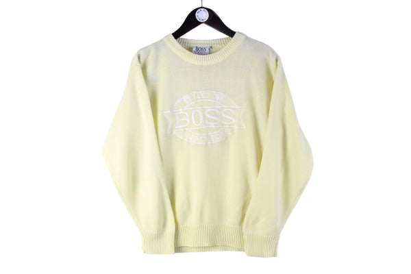 Vintage Hugo Boss Sweater Small yellow big logo jumper 90s retro sport style pullover embroidery print