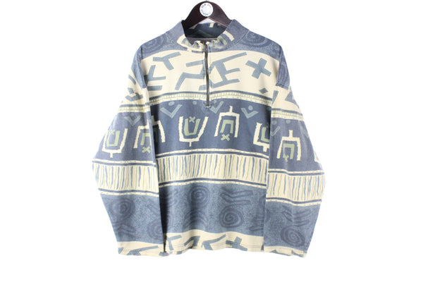 Vintage Sweatshirt 1/4 Zip Small abstract pattern blue beige 90s retro sport style jumper