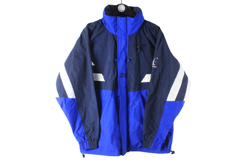 Vintage Helly Hansen Jacket Large blue white 90s retro outdoor trekking logo windbreaker authentic raincoat extreme ski jacket blue