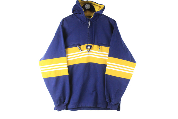 Vintage Adidas Hoodie 1/4 Zip Large blue yellow hooded jumper 90s retro sport style hoodie