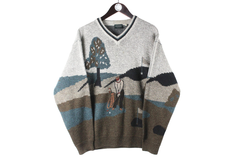 Vintage Canda Sweater Large gray golf golfer logo embroidery winter jumper v-neck pullover 90s