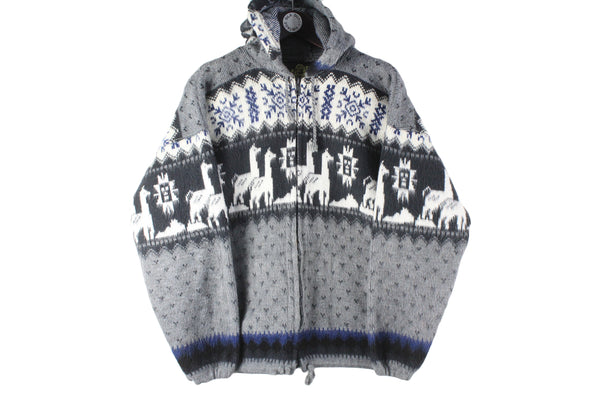Vintage Sweater Small animal pattern hoodie hooded full zip cardigan 90s retro rasta bob marley jacket Tejidos Ruminahui Alpaca wool