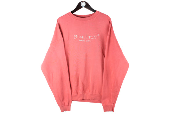 Vintage United Colors of Benetton Sweatshirt XLarge pink big log crewneck oversized embroidery logo jumper sport style pullover 90s