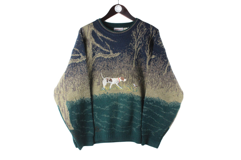 Vintage Berto Lucci Sweater Medium embroidery logo 90s retro crewneck pullover jumper wool hunting dog big logo
