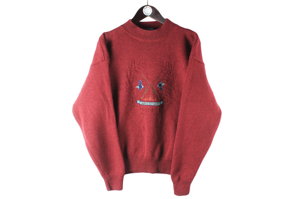 Vintage Hunting Sweater Medium red big embroidery logo 90s retro Jan Stuart wool jumper crewneck pullover