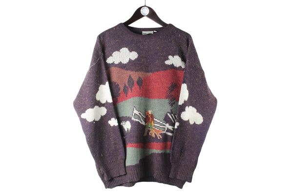 Vintage Sweater Medium purple 90s retro crewneck pullover jumper embroidery hunting logo