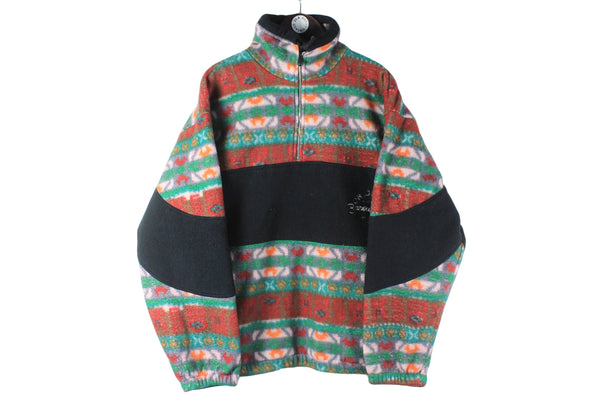 Vintage Fleece Large 1/4 zip multicolor black abstract pattern 90s retro sport winter ski style jumper