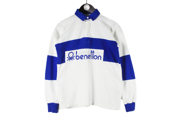 Vintage United Colors of Benetton Rugby Shirt XSmall casual white blue 90s big logo collared long sleeve t-shirt jumper
