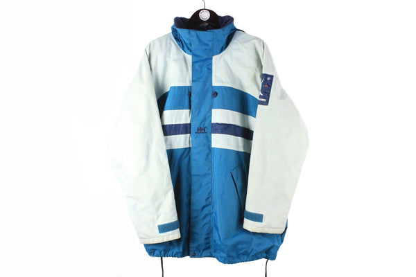 Vintage Helly Hansen Jacket Large blue white 90s retro outdoor trekking logo windbreaker authentic raincoat extreme ski jacket
