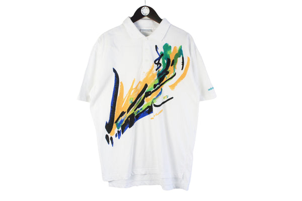 Vintage Adidas Polo T-Shirt XLarge white tennis abstract pattern Stefan Edberg 90s rare retro sport classic collared shirt