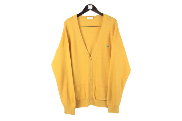 Vintage Lacoste Cardigan XLarge yellow 90s made in France bright sweater casual style deep v-neck jumper pullover