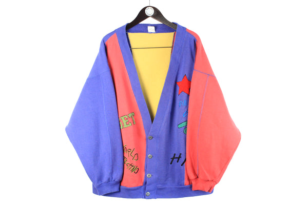 Vintage USA Style Cardigan XLarge purple pink 90s retro sport style deep v-neck button sweatshirt world techno all star game 