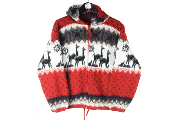 Vintage Tejidos Imalaya Sweater Women's Medium red alpaca print 90s authentic wool jumper full zip cardigan hooded