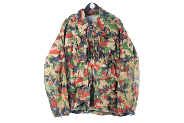 Vintage Military Camo Jacket XLarge camouflage 60s retro army rare retro parka multipocket hides in a bag 2in1 multi functional jacket Swiss army jacket M70 Alpenflage Camo combat sniper with parka hood sniper with parka hood  1960s