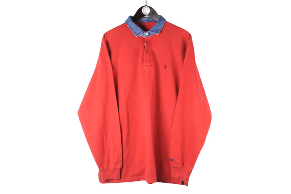 Vintage Polo by Ralph Lauren Rugby Shirt XLarge casual collared long sleeve polo t-shirt red bright small logo shirt