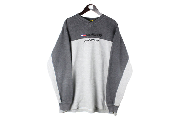 Vintage Tommy Hilfiger Fleece Sweatshirt XLarge gray athletics 90s v-neck retro sport style oversized jumper