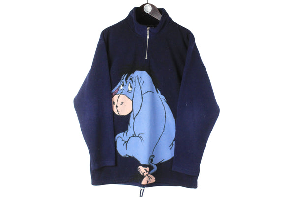 Vintage Disney Fleece 1/4 Zip Medium navy blue Winnie the Pooh cartoon Eeyore donkey big logo pullover sweater