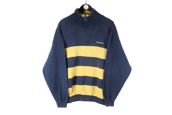 Vintage Yves Saint Laurent Sweatshirt 1/4 Zip XLarge yellow blue 90s YSL retro sport style oversized jumper