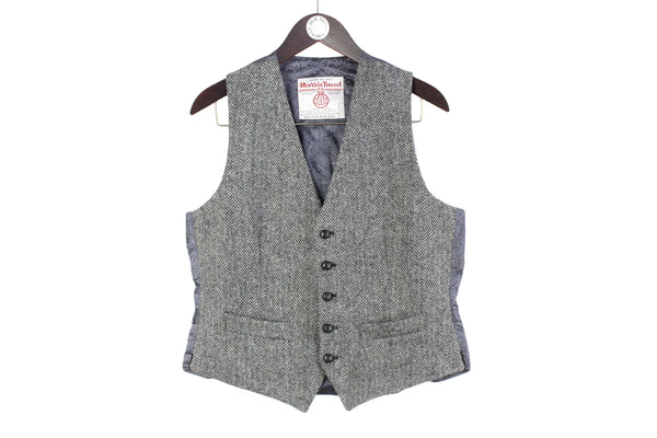 Vintage Harris Tweed Vest Medium wool gray sleeveless jacket blazer classic university college teacher style