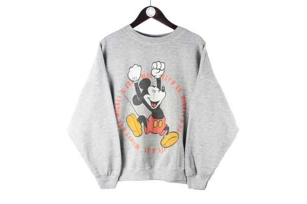Vintage Mickey Mouse Sweatshirt Women's Medium gray disney 90s retro oversized cartoon big logo crewneck