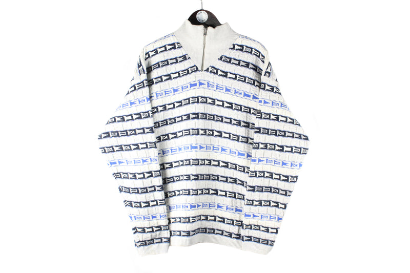 Vintage Hugo Boss Sweater XLarge 1/4 zip abstract pattern wool made in Austria 90s retro winter warm jumper