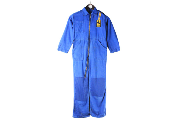 Vintage Ferrari Jumpsuit Kids Size mechanic wear coveralls blue small logo 90s retro style collared romper