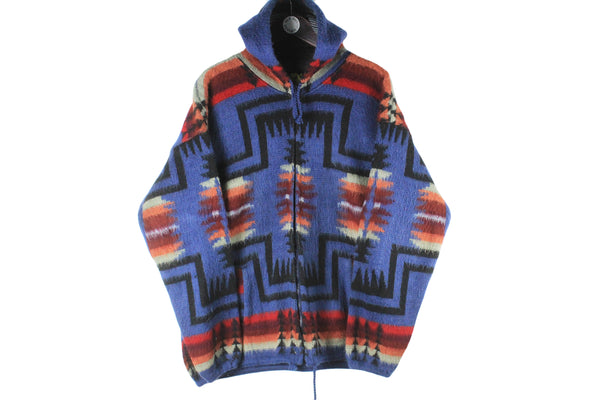 Vintage Tejidos Ruminahui Sweater Hoodie Large wool hooded jumper 90s retro Rasta wear oversized winter abstract pattern