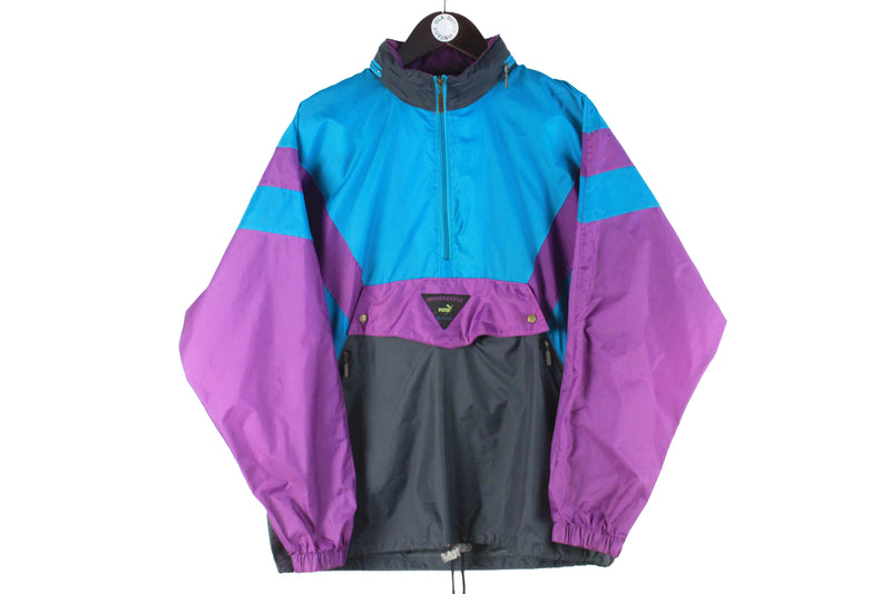 Vintage Puma Anorak Jacket Medium black blue purple 90s windbreaker sport style light wear half zip