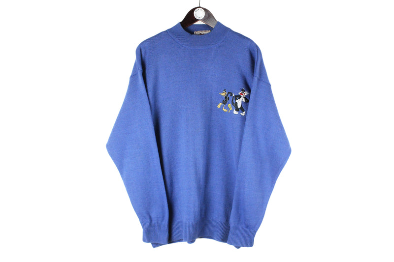 Vintage Warner Bros 1993 Sweater XLarge blue turtleneck 90s retro cartoon USA Looney Tunes jumper