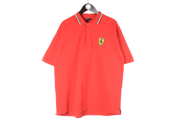 Vintage Ferrari Polo T-Shirt XLarge red collared short sleeve oversized 90s racing Formula 1 team Michael Schumacher F1 top