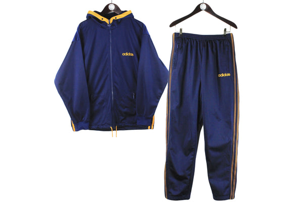 Navy blue and yellow adidas tracksuit on sale